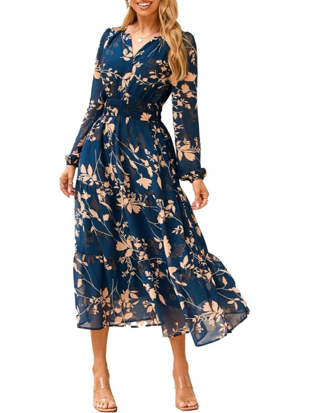 Women's Navy Floral Boho V Neck Long Sleeve Flowy Wedding Guest Maxi Dresses